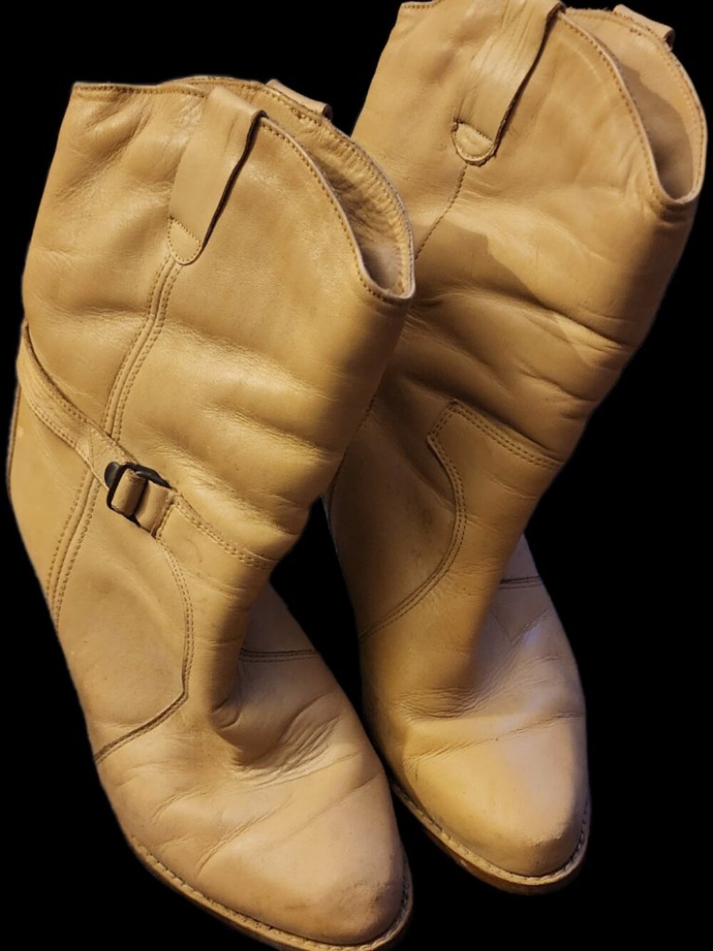 Vintage 80s Cream Tan Leather Slouchy Western Ankle Boots Buckle Heel Size 5